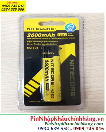 Nitecore NL1826; Pin sạc 18650 lithium 3.7v Nitecore NL1826 (2600mAh Nội trở 9.6Wh) chính hãng